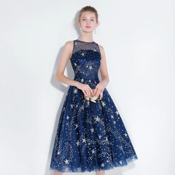 Scintillantes Bleu Marine de retour Robe De Soirée 2018 Princesse Thé Longueur Glitter Étoile Encolure Dégagée Transparentes Sans Manches Robe De Ceremonie