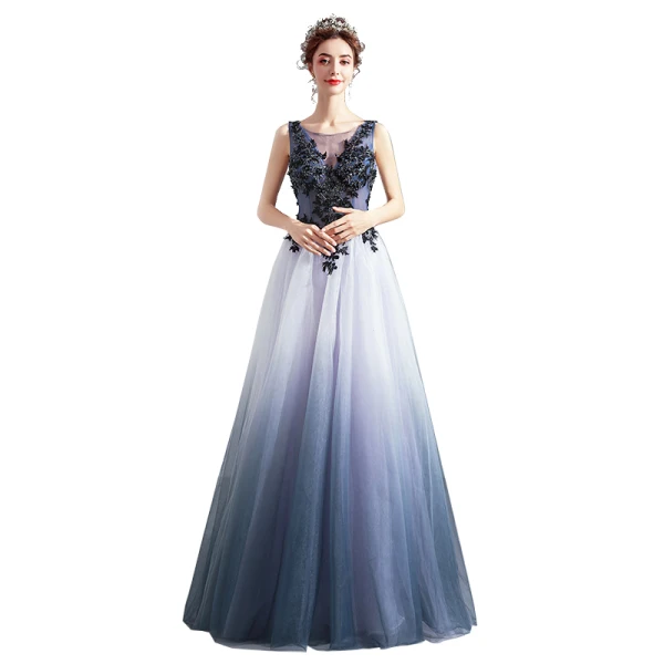 Élégant Dégradé De Couleur Robe De Soirée 2019 Princesse Encolure Dégagée Perlage Paillettes Perle Cristal En Dentelle Fleur Sans Manches Dos Nu Longue Robe De Ceremonie
