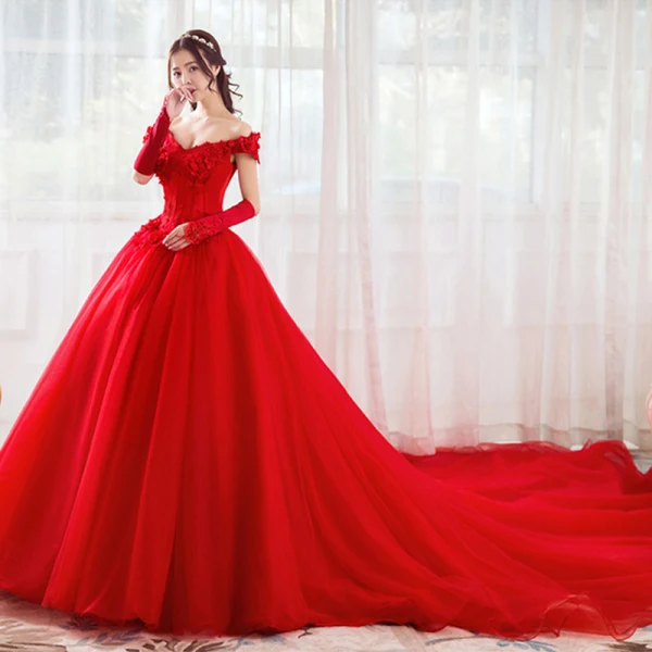 Chic / Beautiful Red Wedding Dresses 2019 A-Line / Princess Off-The-Shoulder Pearl Rhinestone Appliques Lace Flower Short Sleeve Backless Cathedral Train