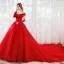 Chic / Beautiful Red Wedding Dresses 2019 A-Line / Princess Off-The-Shoulder Pearl Rhinestone Appliques Lace Flower Short Sleeve Backless Cathedral Train
