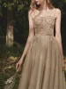 Chic / Beautiful Champagne Prom Dresses 2021 A-Line / Princess Spaghetti Straps Lace Flower Sleeveless Backless Floor-Length / Long Formal Dresses