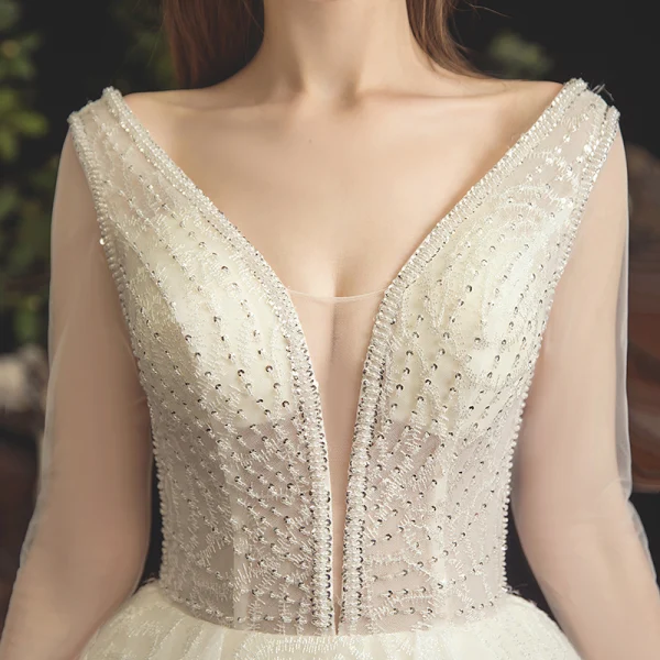 Élégant Champagne Robe De Mariée 2019 Princesse V-Cou Perlage En Dentelle Paillettes 3/4 Manches Dos Nu Longue