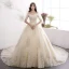 Charming Champagne Wedding Dresses 2019 A-Line / Princess Off-The-Shoulder Sequins Pearl Lace Flower Short Sleeve Cathedral Train