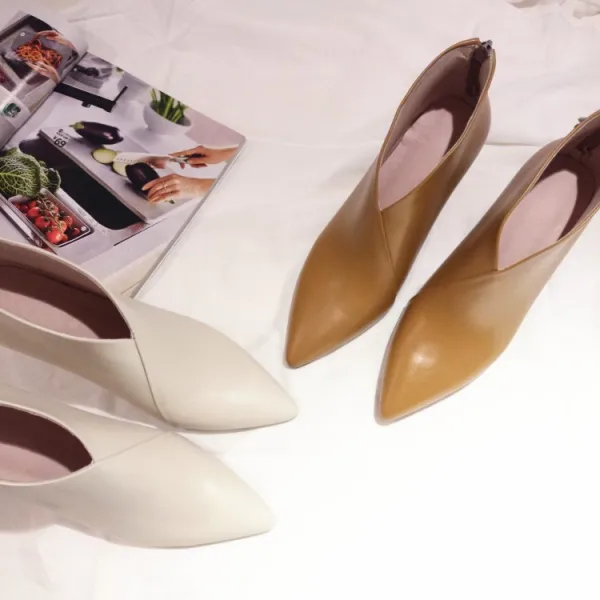 Simple Beige Désinvolte Bottes Femme 2019 Cuir 7 cm Talons Aiguilles À Bout Pointu Bottes