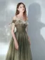 Fashion Clover Green Prom Dresses 2021 A-Line / Princess Off-The-Shoulder Short Sleeve Backless Floor-Length / Long Prom Formal Dresses