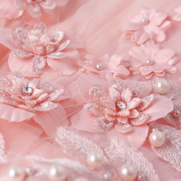 Elegant Pearl Pink Evening Dresses 2019 A-Line / Princess V-Neck Pearl Sequins Appliques Lace Flower Sleeveless Backless Chapel Train Formal Dresses