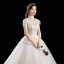 Chic / Belle Ivoire Robe De Mariée 2019 Princesse Col Haut Perlage Paillettes Appliques En Dentelle Fleur Manches Courtes Dos Nu Longue