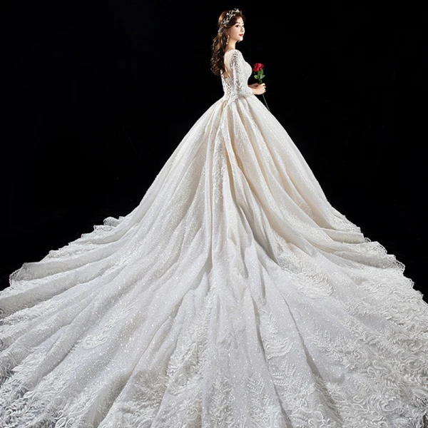 Luxury / Gorgeous Champagne Wedding Dresses 2019 A-Line / Princess Scoop Neck Beading Crystal Sequins Lace Flower 3/4 Sleeve Backless Cathedral Train