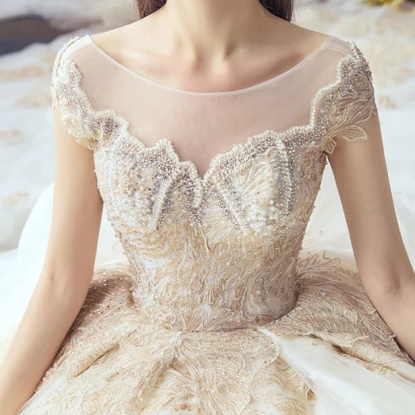 Luxury / Gorgeous Champagne Wedding Dresses 2019 A-Line / Princess Scoop Neck Handmade  Beading Pearl Sequins Rhinestone Lace Flower Short Sleeve Backless Cathedral Train