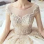 Luxury / Gorgeous Champagne Wedding Dresses 2019 A-Line / Princess Scoop Neck Handmade  Beading Pearl Sequins Rhinestone Lace Flower Short Sleeve Backless Cathedral Train