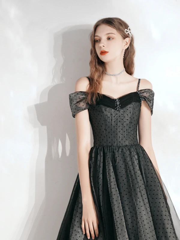 Elegant Black Spotted Homecoming Graduation Dresses 2021 A-Line / Princess Square Neckline Sleeveless Backless Floor-Length / Long Formal Dresses