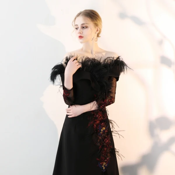 Schöne Schwarz Abendkleider 2018 A Linie Spitze Feder Pailletten Off Shoulder 3/4 Ärmel Gespaltete Front Sweep / Pinsel Zug Festliche Kleider