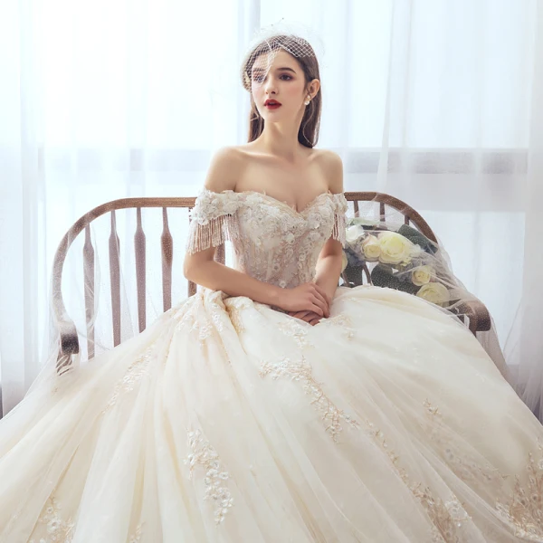 Luxury / Gorgeous Ivory Wedding Dresses 2019 A-Line / Princess Off-The-Shoulder Beading Tassel Appliques Pearl Lace Flower Short Sleeve Backless Royal Train