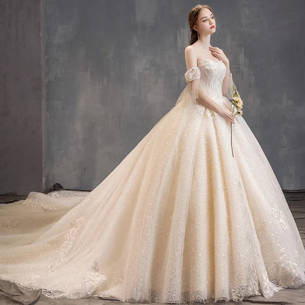 Charming Champagne Wedding Dresses 2019 Ball Gown Strapless Beading Lace Flower Short Sleeve Backless Cathedral Train