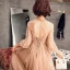 Élégant Champagne Robe De Soirée 2019 Princesse Col Haut Perlage Perle En Dentelle Fleur 1/2 Manches Dos Nu Train De Balayage Robe De Ceremonie