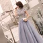 Elegant Pool Blue Evening Dresses  2019 A-Line / Princess High Neck Sequins Lace Flower Short Sleeve Backless Floor-Length / Long Formal Dresses
