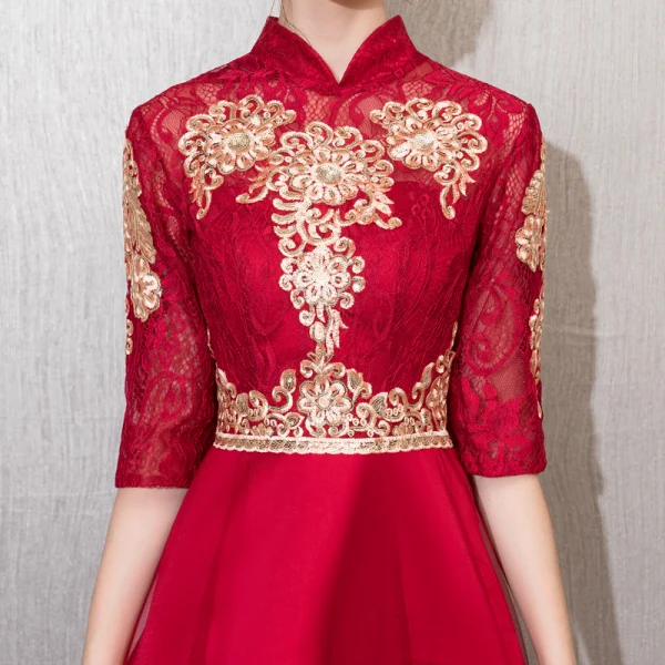 Chinese style Burgundy Evening Dresses 2019 A-Line / Princess High Neck Sequins Lace Flower 1/2 Sleeves Tea-length Formal Dresses