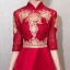 Chinese style Burgundy Evening Dresses  2019 A-Line / Princess High Neck Sequins Lace Flower 1/2 Sleeves Tea-length Formal Dresses