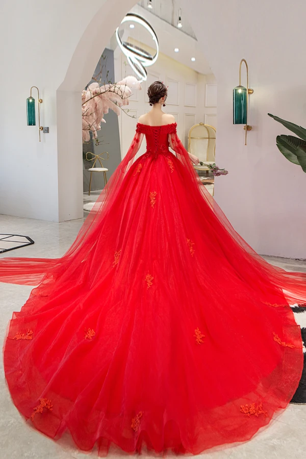 Chic / Beautiful Red Wedding Dresses 2019 A-Line / Princess Off-The-Shoulder Beading Pearl Appliques Lace Flower Sequins Short Sleeve Backless Cathedral Train