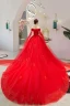 Chic / Beautiful Red Wedding Dresses 2019 A-Line / Princess Off-The-Shoulder Beading Pearl Appliques Lace Flower Sequins Short Sleeve Backless Cathedral Train