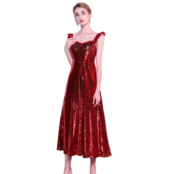 Chic / Belle Bordeaux de retour Robe De Graduation 2019 Princesse Encolure Carrée Paillettes Sans Manches Dos Nu Longueur Cheville Robe De Ceremonie