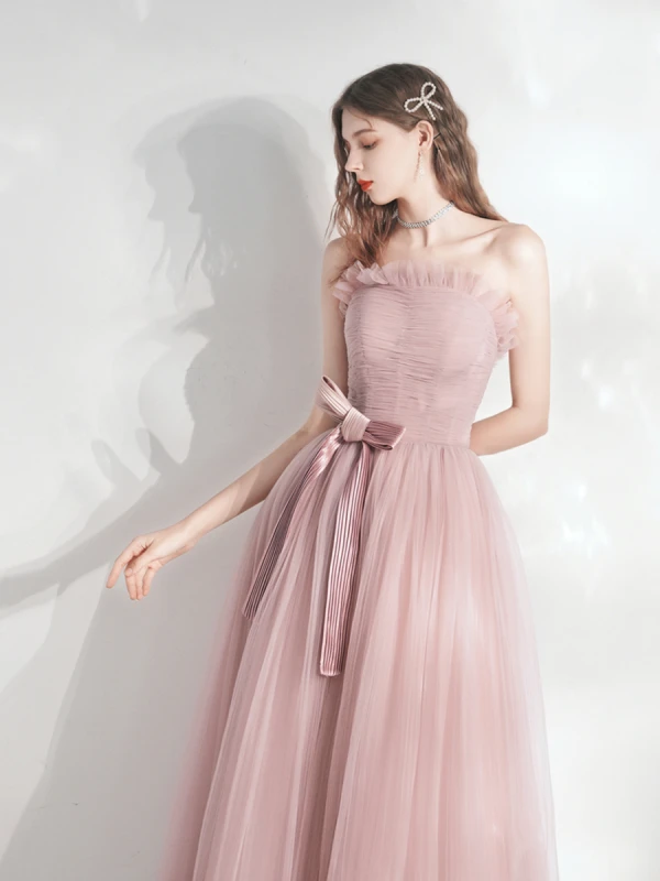 Schöne Rosa Ballkleider 2021 A Linie Bandeau Schleife Ärmellos Rückenfreies Lange Ball Festliche Kleider