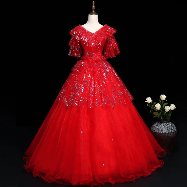 Sparkly Black Prom Dresses 2019 A-Line / Princess V-Neck Star Sequins Lace Flower 1/2 Sleeves Floor-Length / Long Formal Dresses