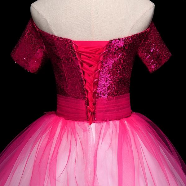 Chic / Beautiful Fuchsia Prom Dresses 2019 Ball Gown Off-The-Shoulder Beading Pearl Crystal Lace Flower Sequins Short Sleeve Backless Floor-Length / Long Formal Dresses