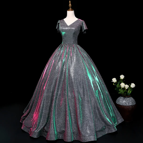 Vintage / Retro Silver Prom Dresses 2019 A-Line / Princess V-Neck Sequins Short Sleeve Backless Floor-Length / Long Formal Dresses