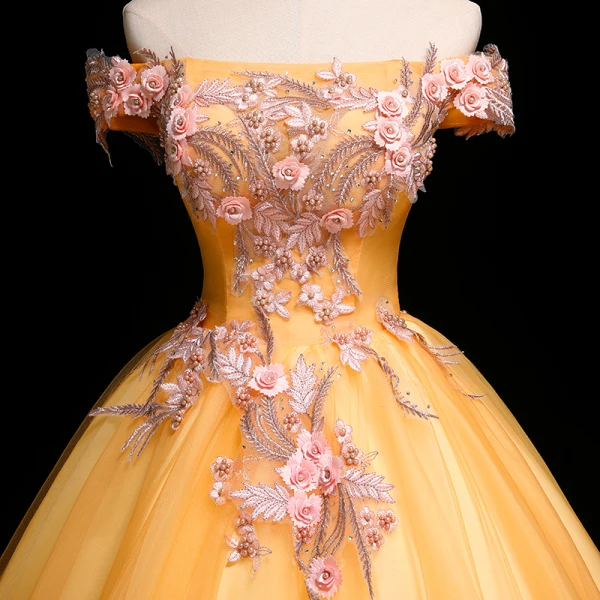 Chic / Beautiful Gold Prom Dresses 2019 A-Line / Princess Off-The-Shoulder Pearl Rhinestone Lace Flower Short Sleeve Backless Floor-Length / Long Formal Dresses