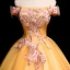Chic / Beautiful Gold Prom Dresses 2019 A-Line / Princess Off-The-Shoulder Pearl Rhinestone Lace Flower Short Sleeve Backless Floor-Length / Long Formal Dresses