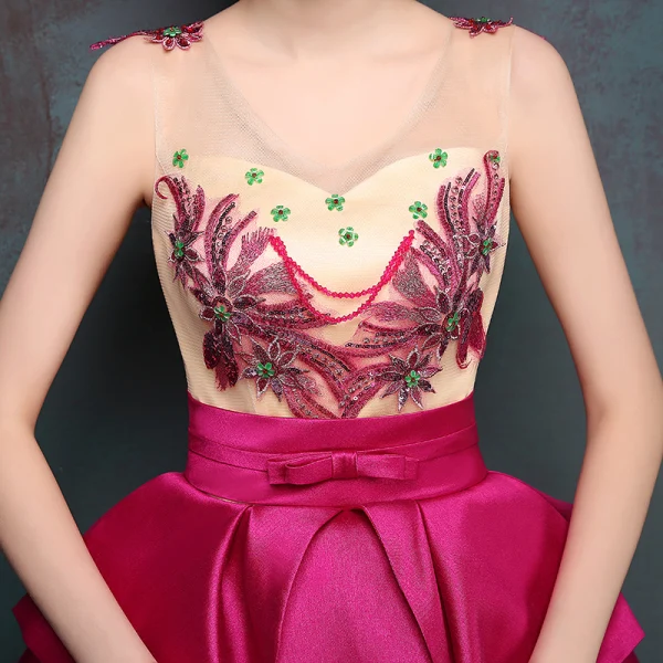 Chic / Beautiful Fuchsia Prom Dresses 2019 A-Line / Princess V-Neck Lace Flower Bow Sequins Sleeveless Backless Floor-Length / Long Formal Dresses