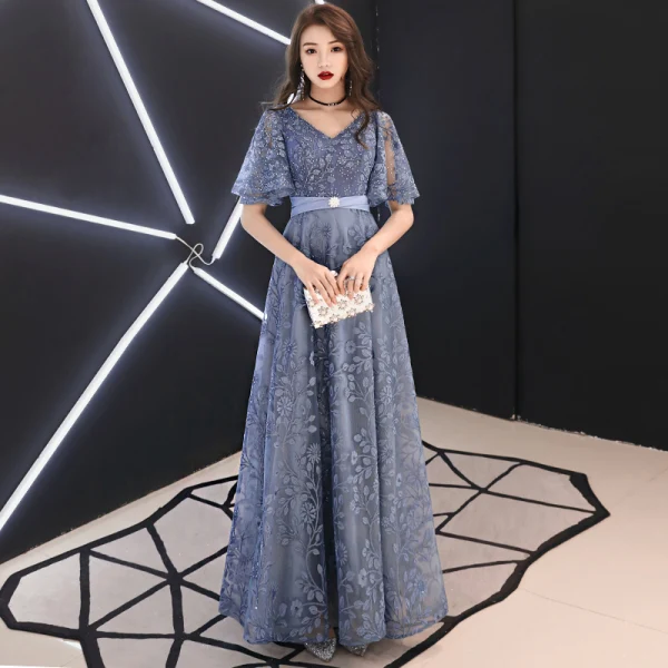 Elegant Pool Blue Evening Dresses  2019 A-Line / Princess V-Neck Rhinestone Lace Flower Sash Short Sleeve Backless Floor-Length / Long Formal Dresses