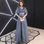 Elegant Pool Blue Evening Dresses  2019 A-Line / Princess V-Neck Rhinestone Lace Flower Sash Short Sleeve Backless Floor-Length / Long Formal Dresses