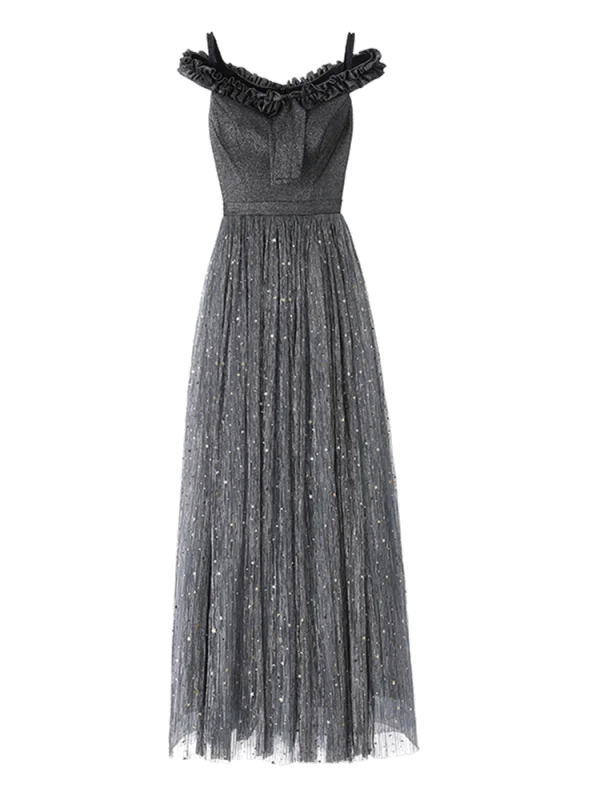 Glitzernden Grau Abendkleider 2019 A Linie Off Shoulder Pailletten Ärmellos Rückenfreies Lange Festliche Kleider