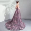 Chic / Beautiful Purple Prom Dresses 2019 A-Line / Princess Strapless Lace Flower Sleeveless Backless Sweep Train Formal Dresses