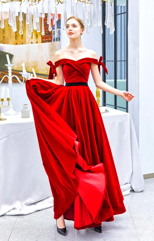 Schöne Einfarbig Rot Abendkleider 2019 A Linie Off Shoulder Wildleder Schleife Ärmellos Rückenfreies Lange Festliche Kleider