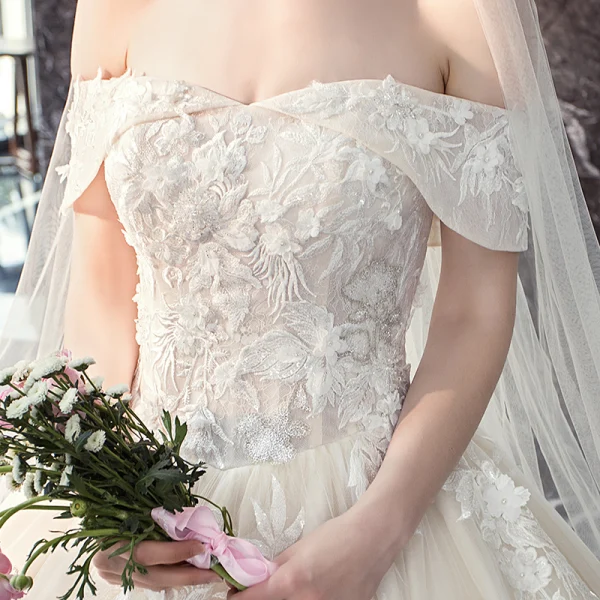 Classy Ivory Wedding Dresses 2019 Ball Gown Off-The-Shoulder Beading Sequins Lace Flower Short Sleeve Backless Cathedral Train