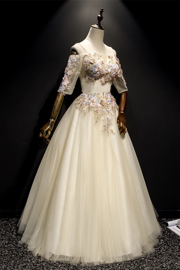 Elegant Champagne Prom Dresses 2019 A-Line / Princess Spaghetti Straps Pearl Lace Flower Appliques 1/2 Sleeves Backless Floor-Length / Long Formal Dresses