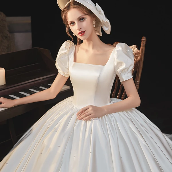 Victorian Style Ivory Satin Wedding Dresses 2021 Ball Gown Square Neckline Bell sleeves Backless Royal Train Wedding