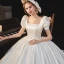 Victorian Style Ivory Satin Wedding Dresses 2021 Ball Gown Square Neckline Bell sleeves Backless Royal Train Wedding