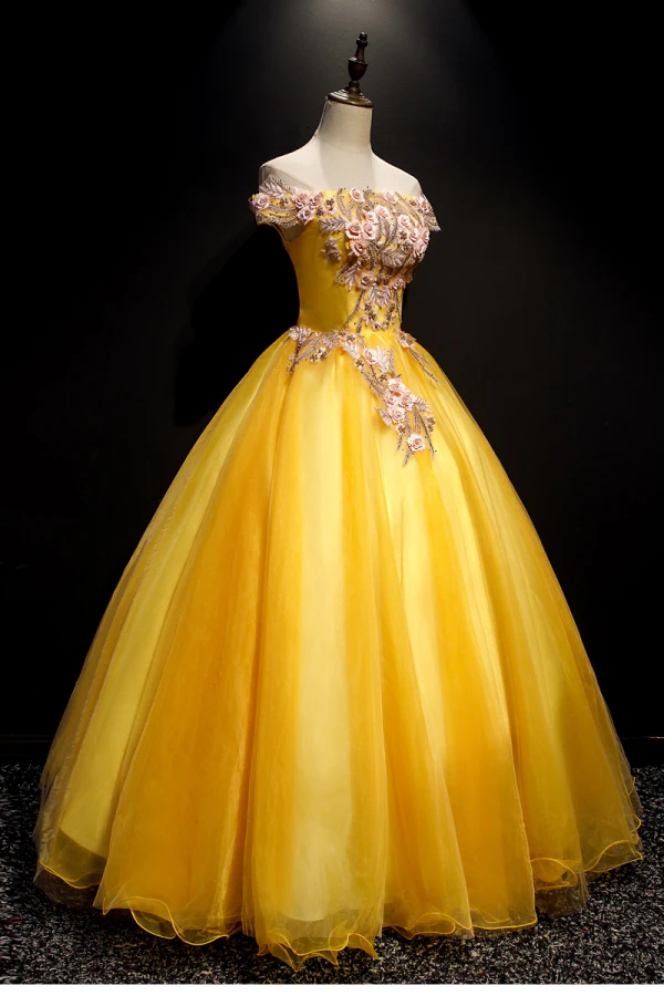 Flower Fairy Yellow Prom Dresses 2019 A-Line / Princess Off-The-Shoulder Appliques Lace Flower Pearl Short Sleeve Backless Floor-Length / Long Formal Dresses