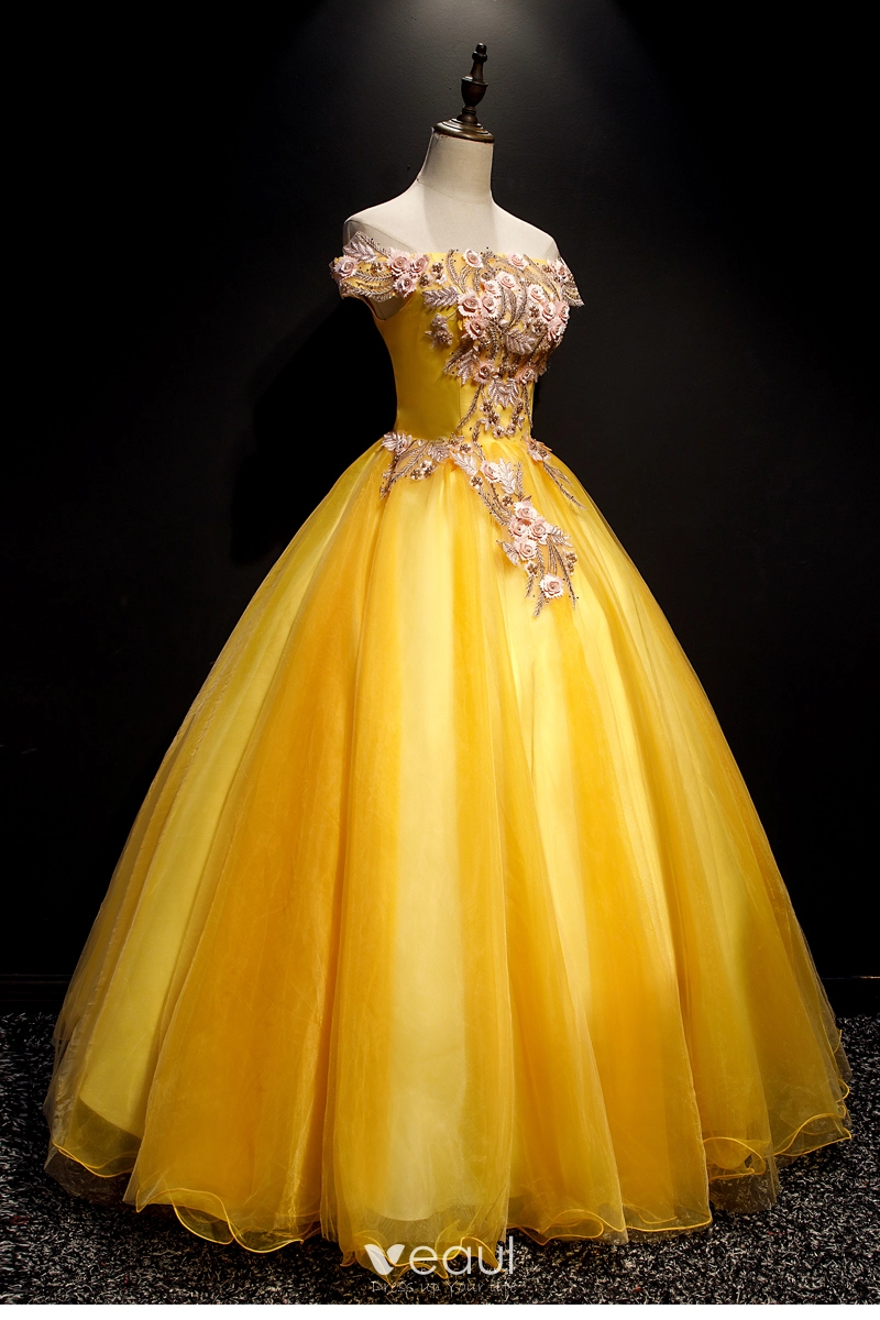 Flower Fairy Yellow Prom Dresses 2019 A Line Princess Off The Shoulder Appliques Lace Flower Pearl