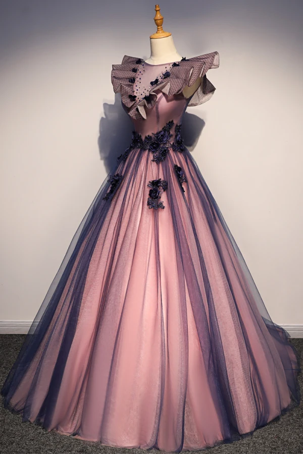 Élégant Violet Robe De Bal 2019 Princesse Encolure Carrée Perle Appliques En Dentelle Fleur Sans Manches Dos Nu Longue Robe De Ceremonie