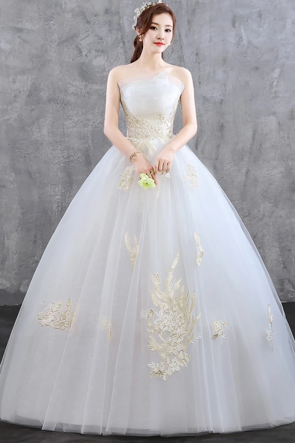 Affordable Ivory Wedding Dresses 2019 Ball Gown Strapless Lace Flower Sleeveless Backless Floor-Length / Long