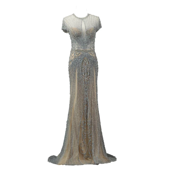 Luxury / Gorgeous Silver Evening Dresses  2019 Trumpet / Mermaid Scoop Neck Handmade  Beading Crystal Short Sleeve Sweep Train Formal Dresses