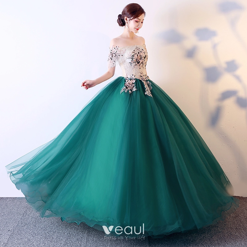 Elegant Dark Green Prom Dresses 2019 Ball Gown Off The Shoulder Appliques Lace Short Sleeve Backless