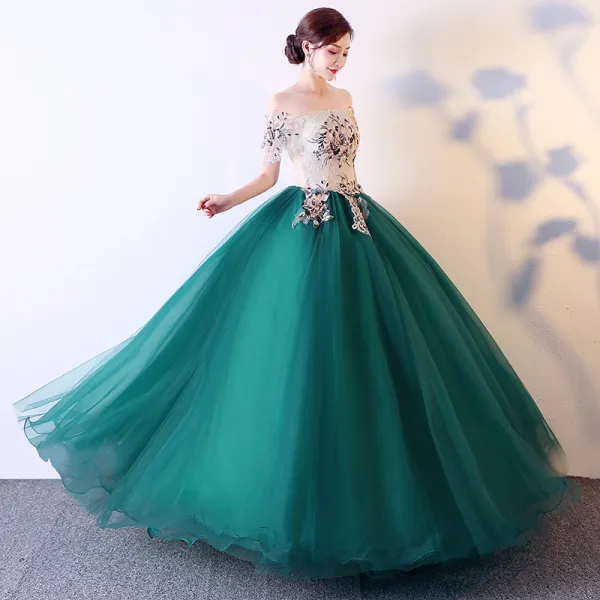 Elegant Dark Green Prom Dresses 2019 Ball Gown Off The Shoulder Appliques Lace Short Sleeve Backless Floor Length Long Formal Dresses