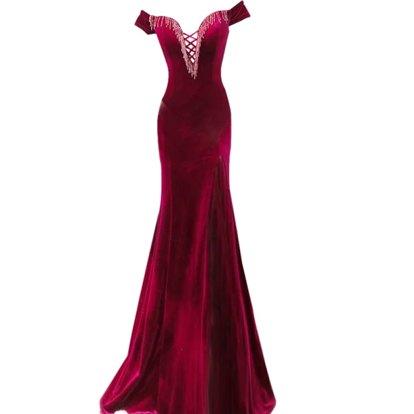 Sexy Burgundy Evening Dresses  2019 Trumpet / Mermaid Off-The-Shoulder Suede Beading Tassel Short Sleeve Backless Split Front Floor-Length / Long Formal Dresses