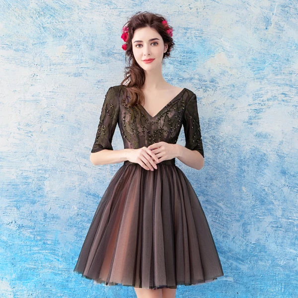Chic / Beautiful Black Party Dresses 2019 A-Line / Princess V-Neck Beading Crystal Embroidered 1/2 Sleeves Backless Short Formal Dresses